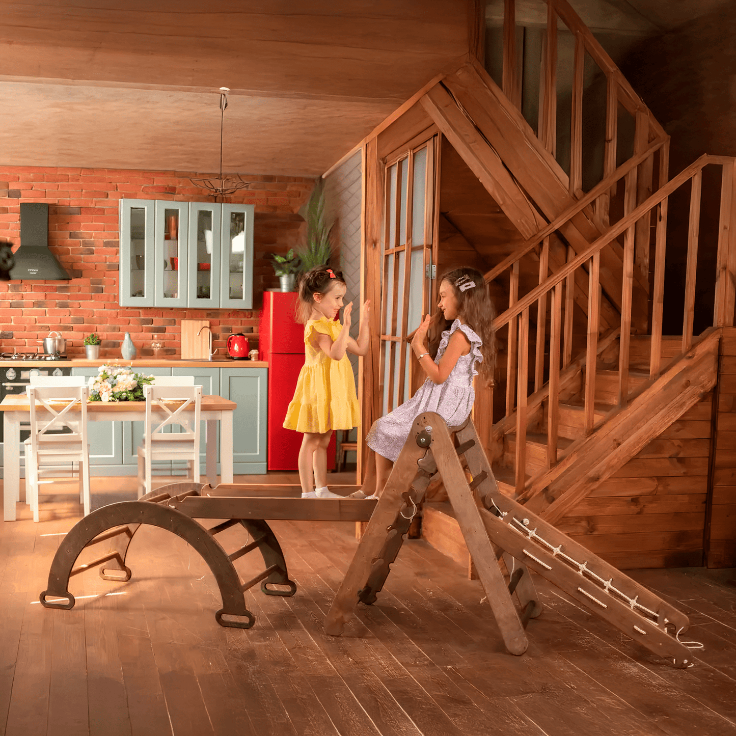 4in1 Montessori Klettergerüst Set: Kletterdreieck mit Rutsche, Kletterbogen, Kletternetz, für Kinder 1-7 Jahre – Beige